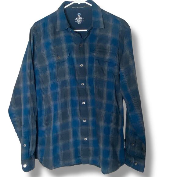 KUHL Flannel Shirt Mens Medium Blue Plaid Dillingr Long Sleeve Button Up Outdoor - Picture 1 of 8